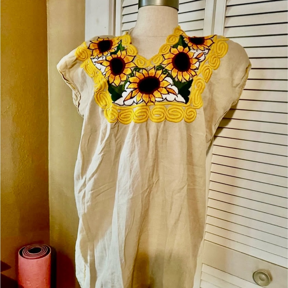 Hand-Embroidered Sunflower Mexican blouse